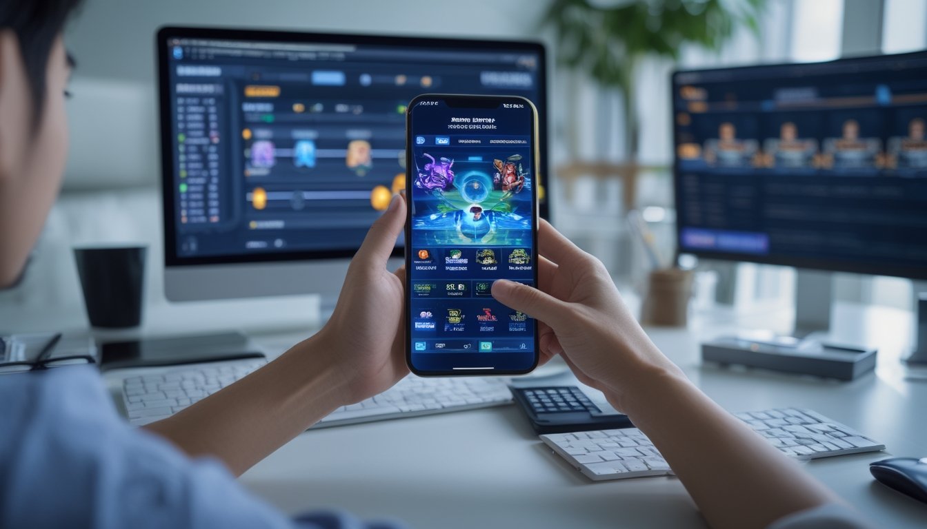 Pemula menggunakan ponsel untuk mempelajari pertandingan esports di ruang kerja modern.