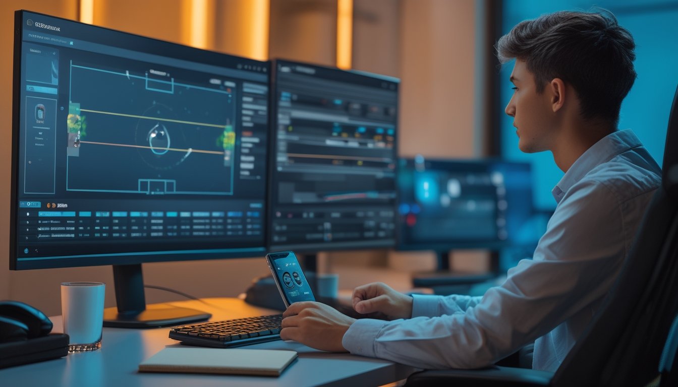 Seorang analis muda mempelajari data pertandingan gim di ruang kerja esports dengan komputer, ponsel, dan buku catatan.