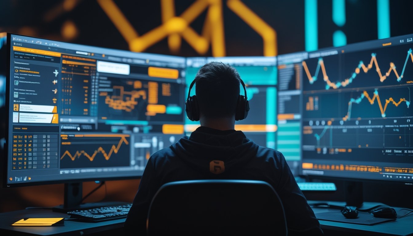 Analis esports menganalisis data pertandingan pada beberapa layar di ruang kerja modern.