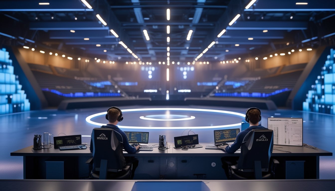Pemain esports bertanding di panggung turnamen dengan visual abstrak yang menggambarkan tahapan kompetisi dan analisis pertandingan.