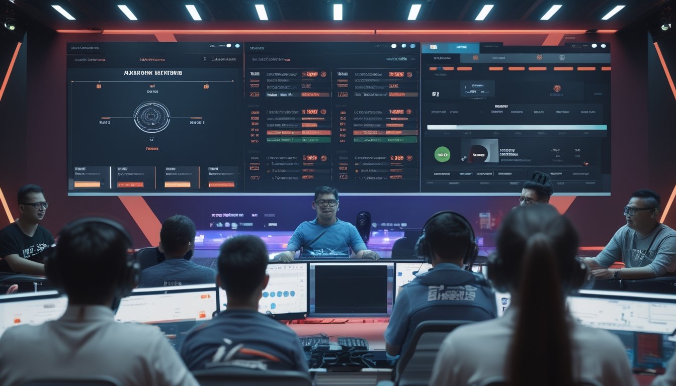 Suasana arena esports modern dengan pemain dan penonton dewasa Indonesia di depan layar pertandingan digital.