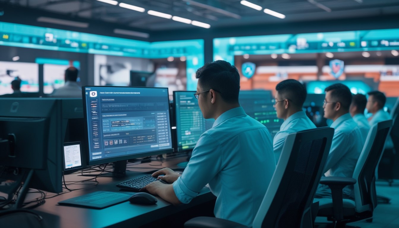 Profesional Indonesia memeriksa platform esports digital yang aman di lingkungan kerja modern.