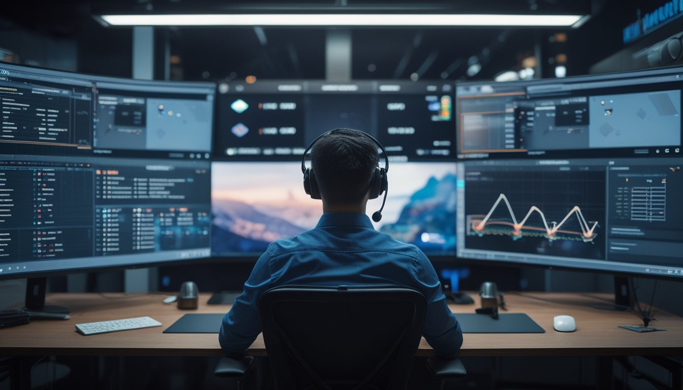 Analis esports memantau beberapa layar berisi peta taktik dan grafik pertandingan di ruang kerja modern.