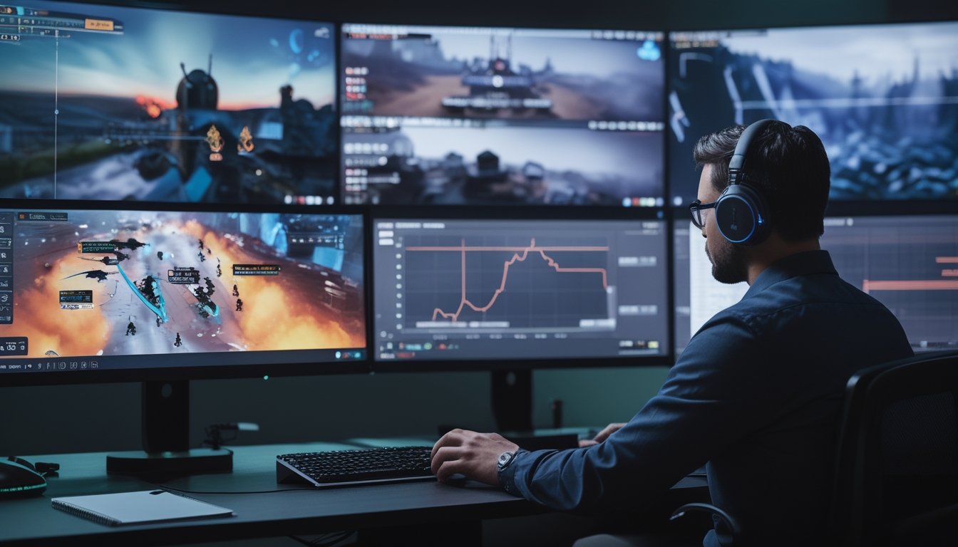 Seorang analis esports mengamati pertandingan gim kompetitif di beberapa monitor dalam studio analisis modern.