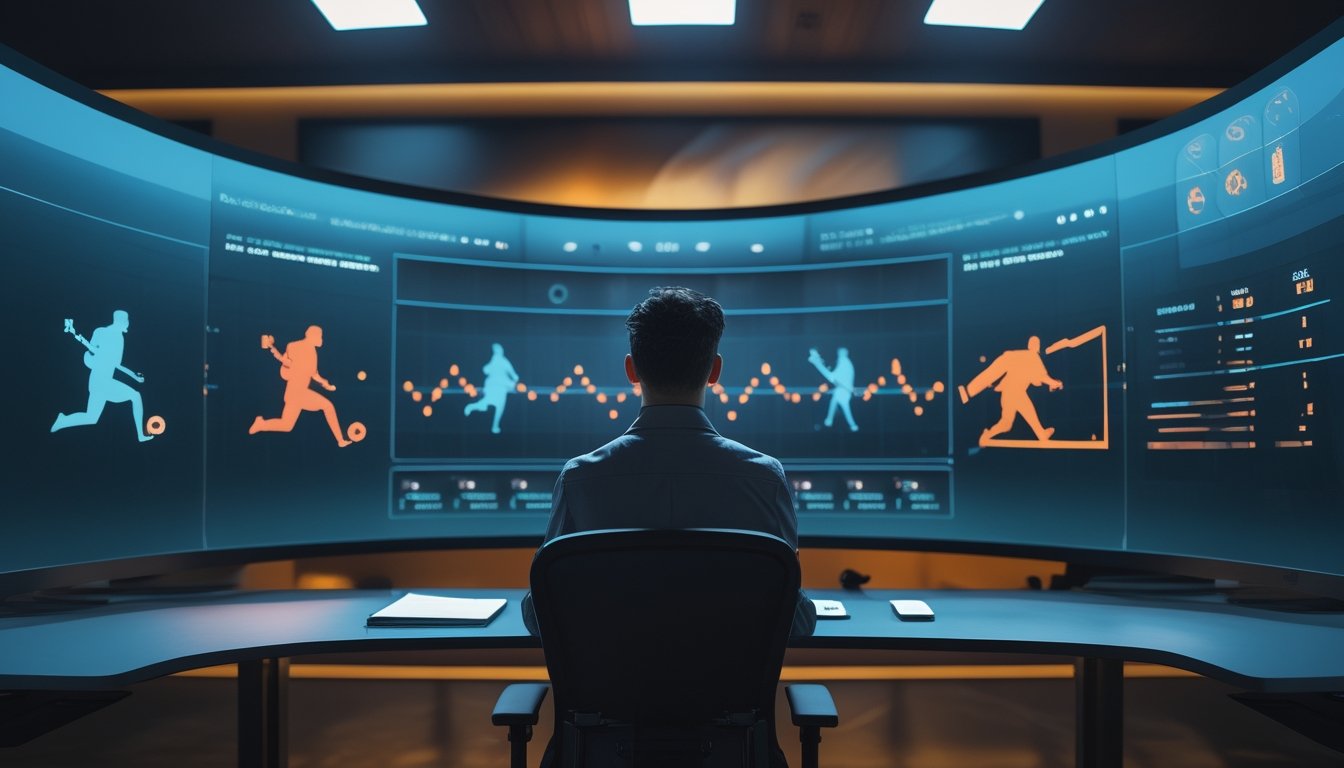 Analis esports mengamati visualisasi abstrak dua tim dan grafik perbandingan di studio teknologi modern.