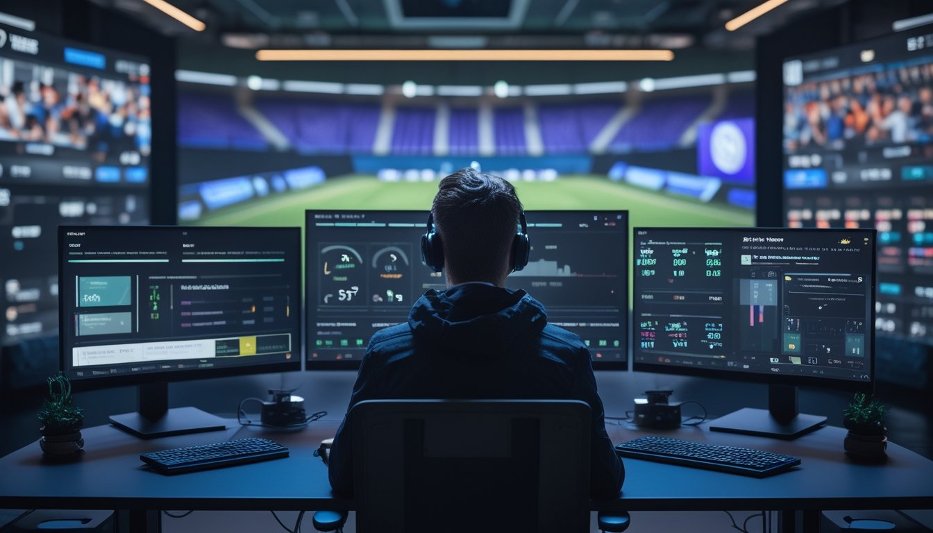 Analis esports memeriksa data pertandingan di ruang gaming modern dengan beberapa layar statistik abstrak.