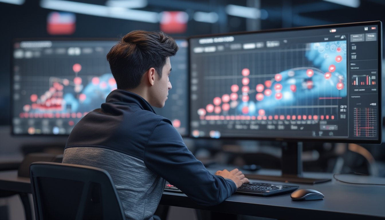 Analis esports mengamati layar pertandingan fantasi dan grafik perbandingan di ruang kerja modern.
