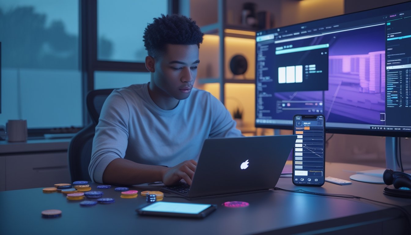 Seorang pemain esports mengatur anggaran taruhan harian di meja kerja dengan laptop, kalkulator, dan wadah dana yang terpisah.