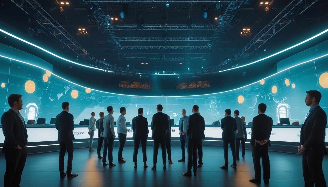 Analis dan profesional esports mengamati visualisasi data global di ruang analitik modern dengan arena pertandingan esports di latar belakang.