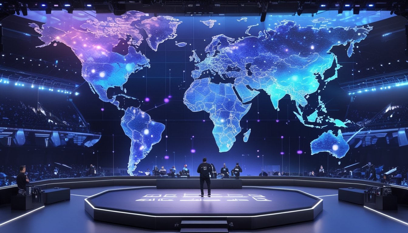 Arena esports internasional dengan penonton, pemain bertanding, dan peta dunia digital yang menggambarkan pertumbuhan pasar global.