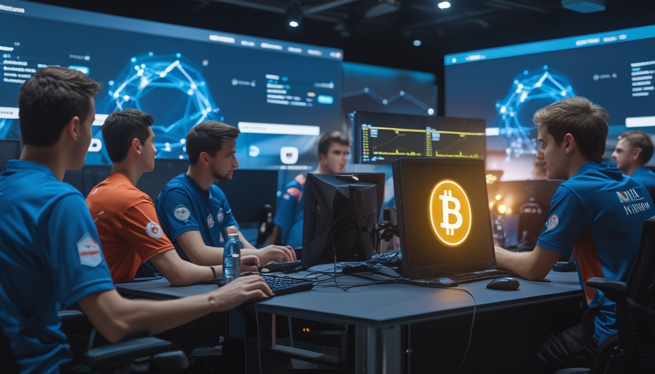 Sekelompok pemain esports menggunakan dompet digital kripto dalam suasana pertandingan kompetitif.