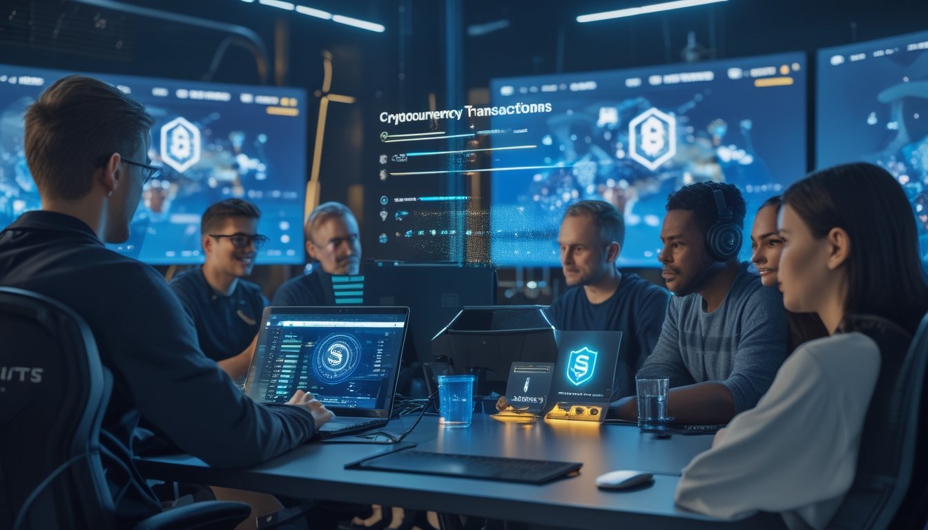 Sekelompok penggemar esports menggunakan laptop dan ponsel untuk transaksi kripto di studio gaming modern.