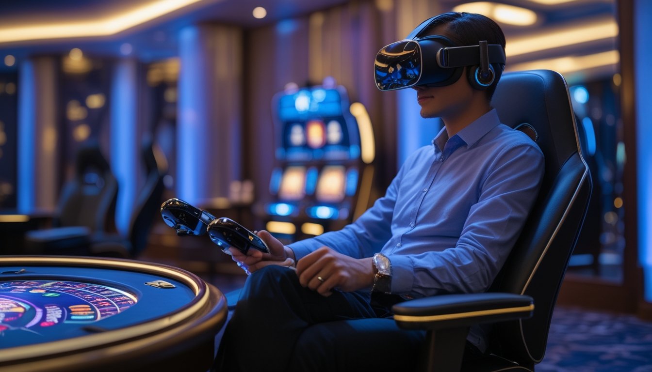 Orang dewasa memakai headset realitas virtual sambil bermain permainan kasino virtual di ruang hiburan futuristis.