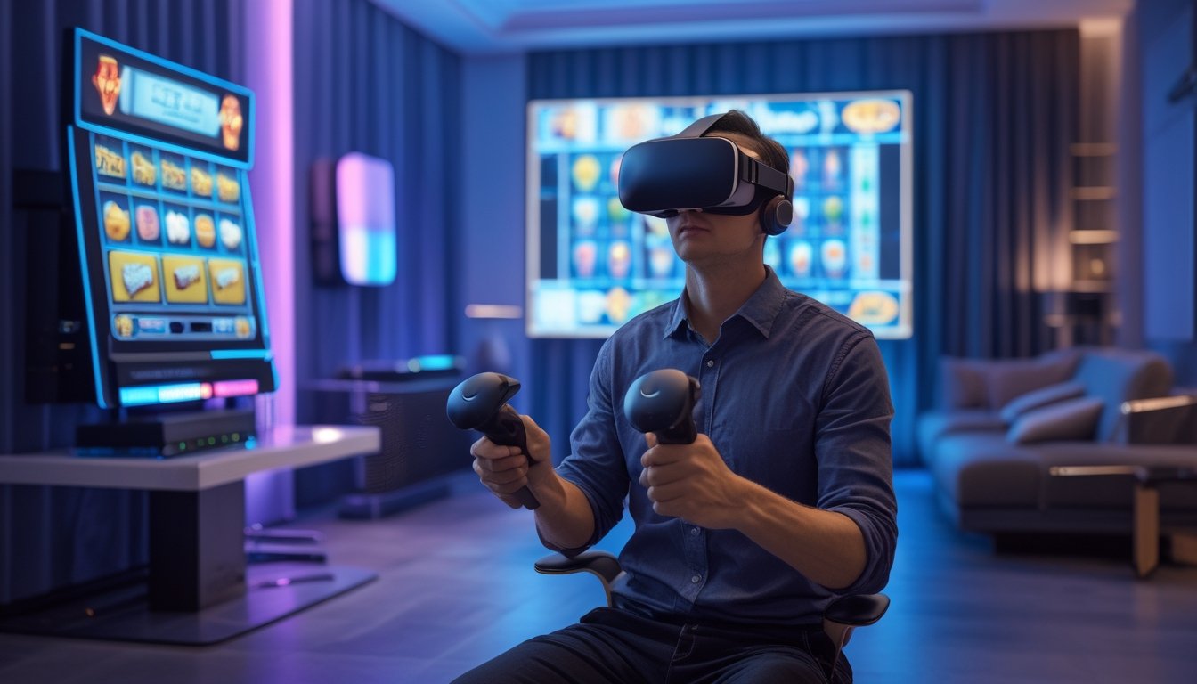 Seseorang memakai headset realitas virtual dan memegang pengendali di ruang hiburan modern, dengan perangkat VR tersusun di meja.