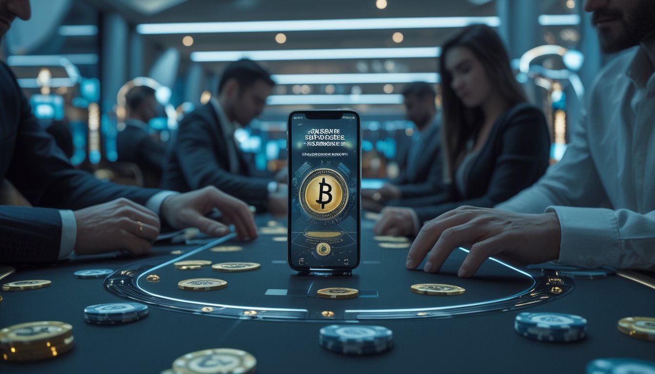 Suasana kasino digital modern dengan permainan kartu, perangkat seluler, dan elemen cryptocurrency.