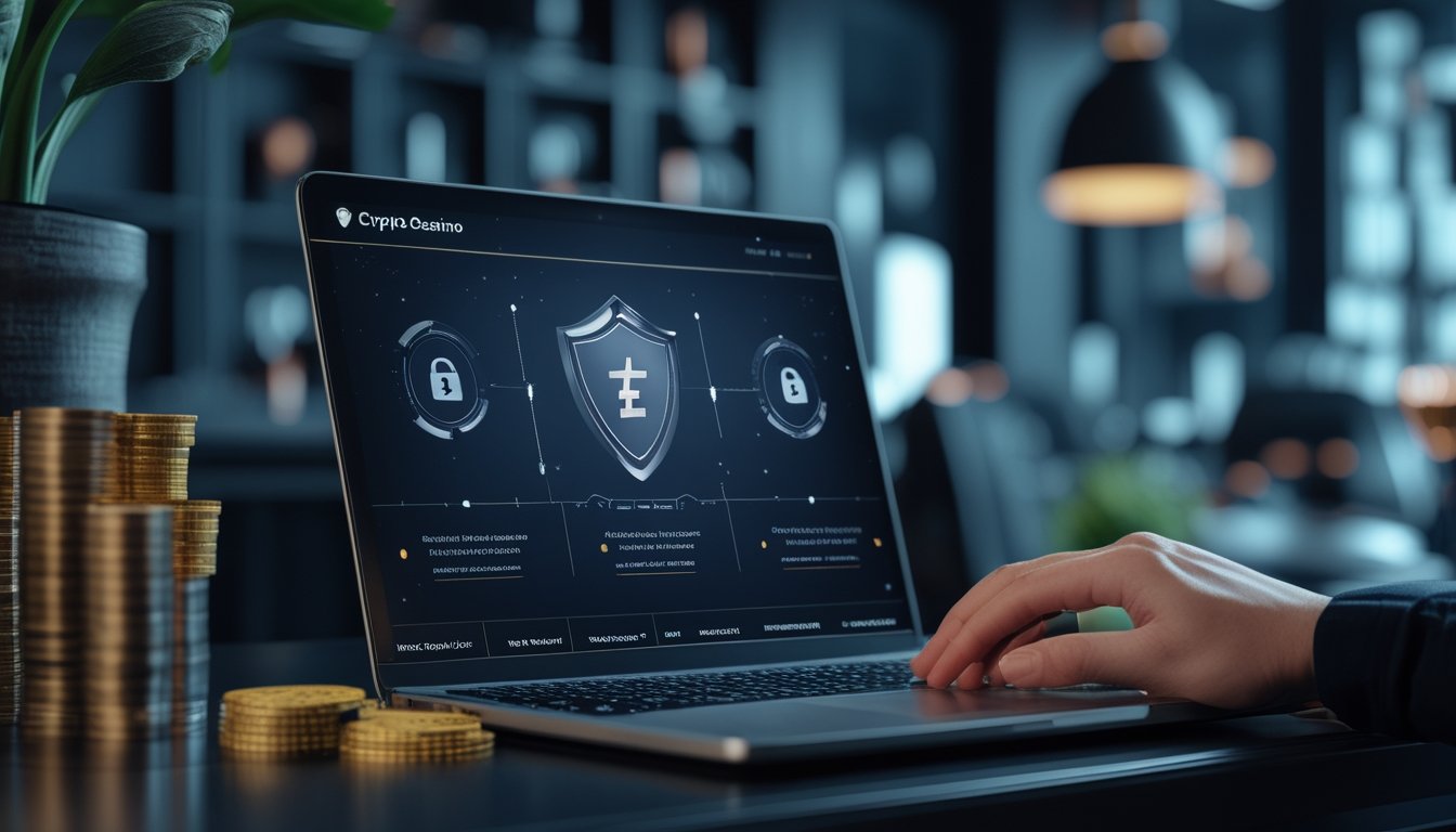 Tampilan perangkat digital dengan elemen kasino kripto, perisai keamanan, gembok, dan simbol verifikasi.
