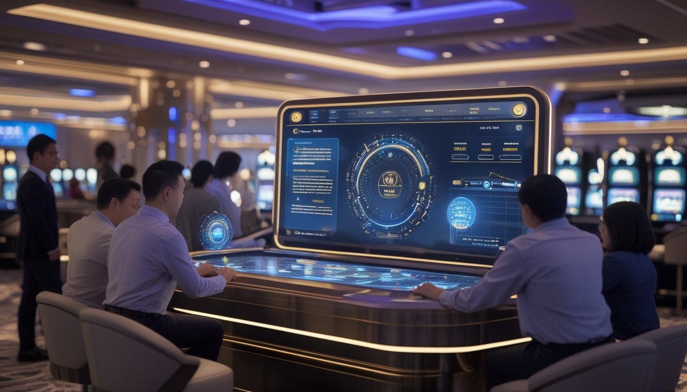Sekelompok orang dewasa menggunakan sistem permainan kasino digital dengan fitur personalisasi berbasis AI di ruang kasino modern.