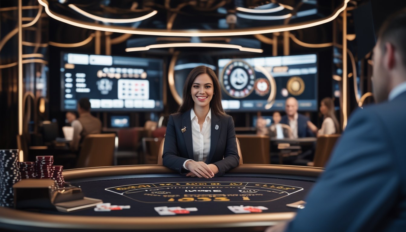 Dealer kasino memandu permainan meja langsung di studio modern dengan kartu, roda roulette, dan keping taruhan.