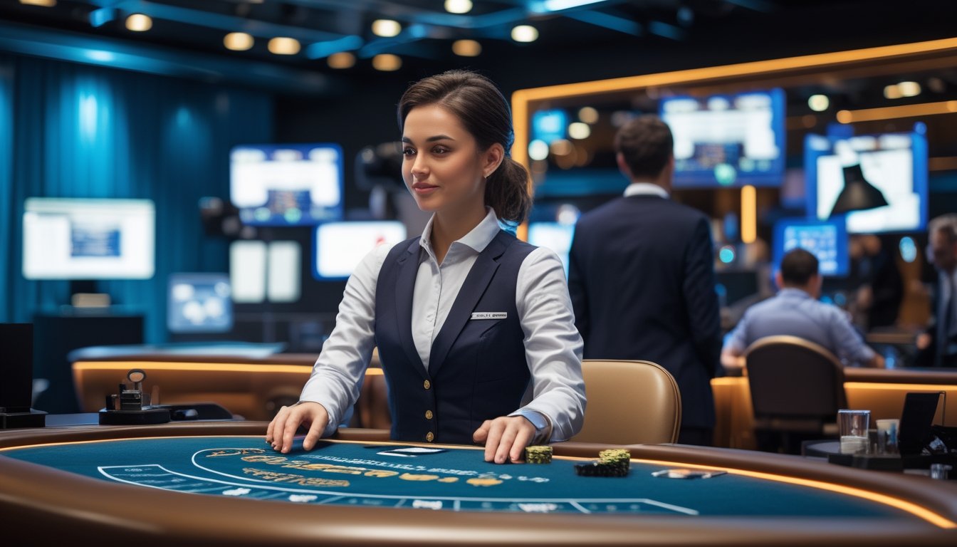 Dealer profesional menjelaskan permainan blackjack di studio kasino modern dengan kamera siaran.