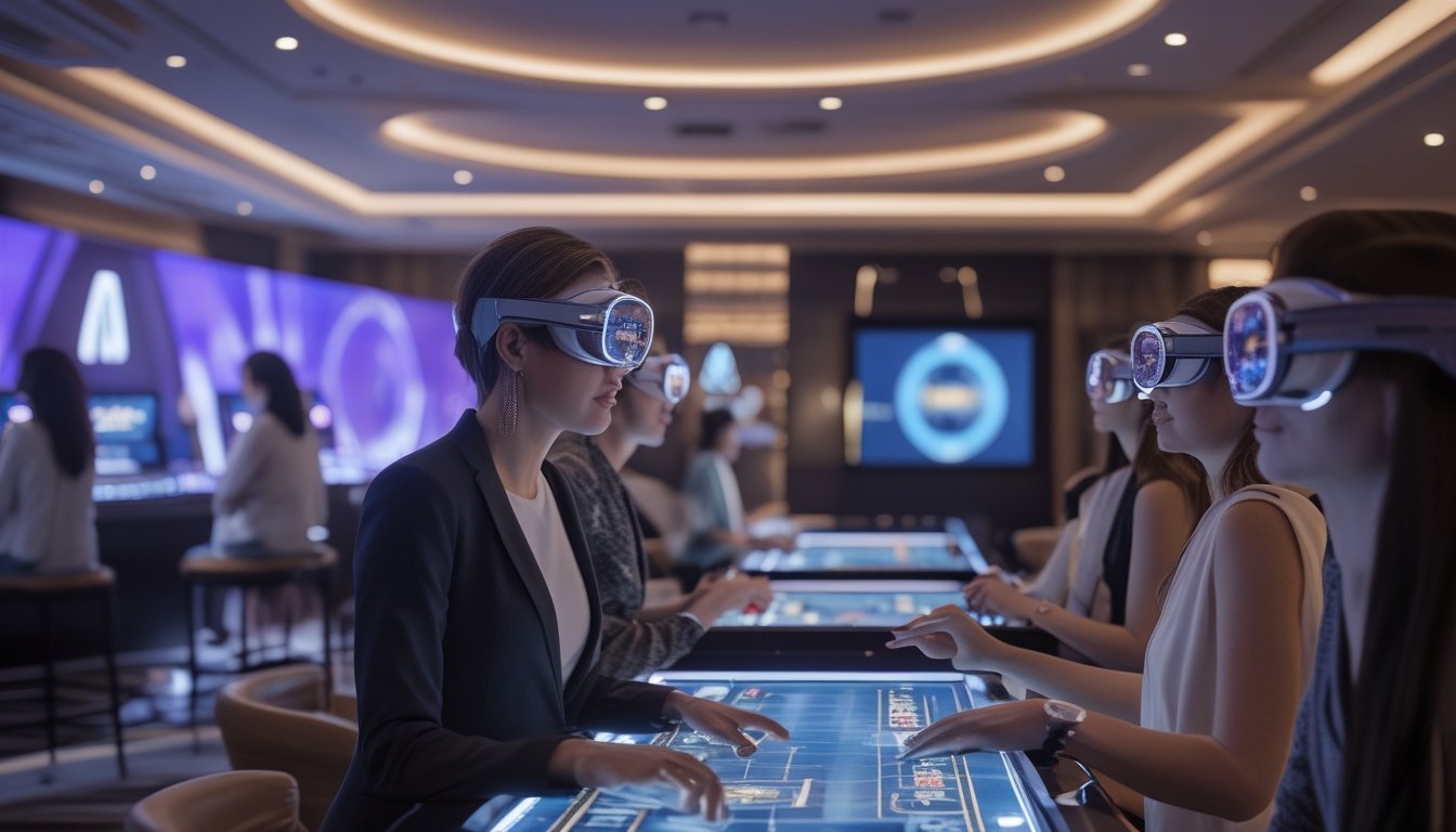 Orang dewasa bermain di ruang kasino virtual futuristis menggunakan headset realitas virtual, dengan tampilan kasino daring konvensional di latar belakang.