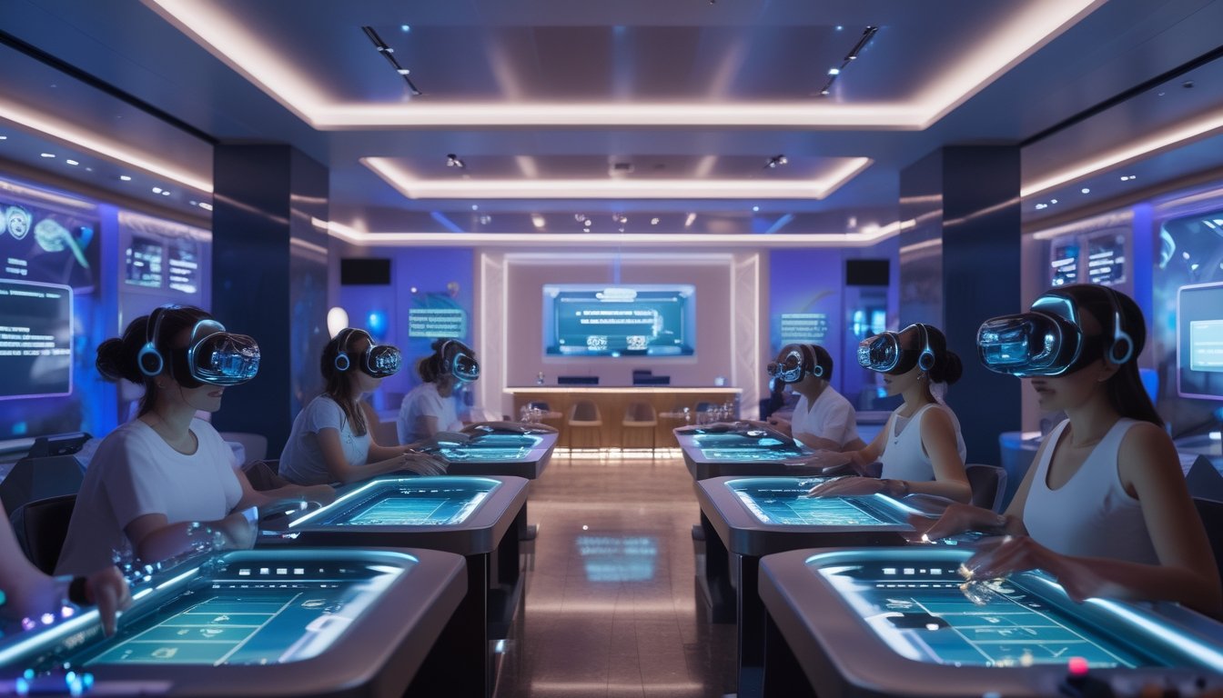 Sekelompok orang dewasa memakai headset realitas virtual dan berinteraksi di kasino metaverse futuristis.