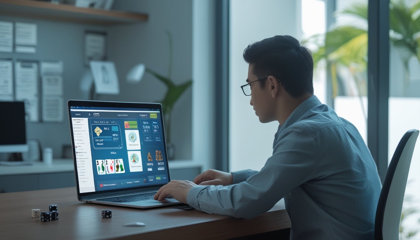Seorang pemula mempelajari peluang dan strategi permainan kasino online di meja dengan laptop, kartu, chip, dadu, dan kalkulator.