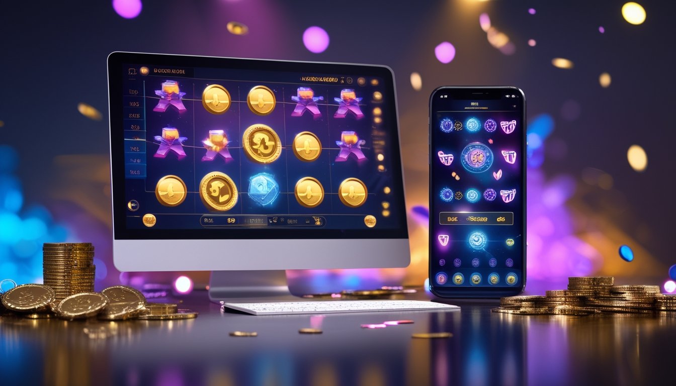 Perangkat komputer dan ponsel menampilkan permainan mesin slot dengan koin emas dan chip kasino di sekitarnya.