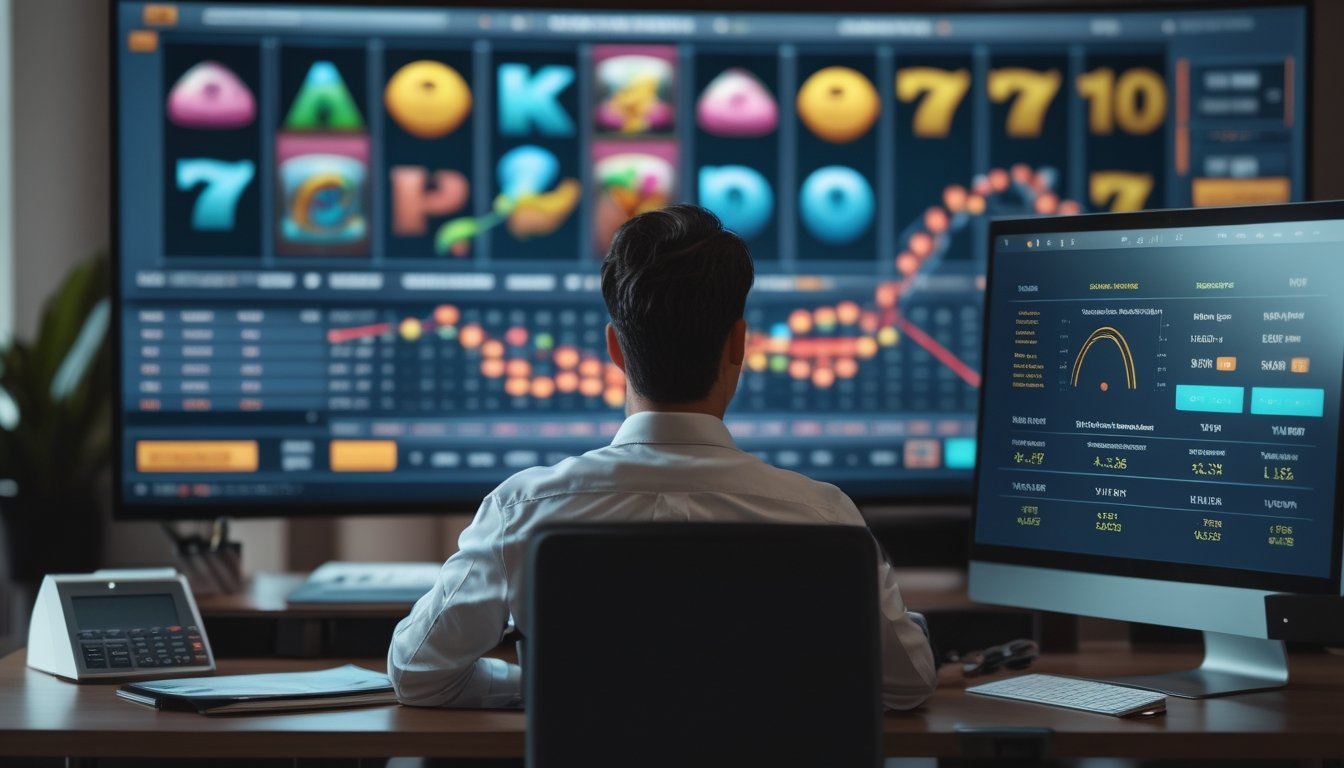 Seorang analis mempelajari tampilan permainan slot dan grafik pembayaran di meja kerja modern.