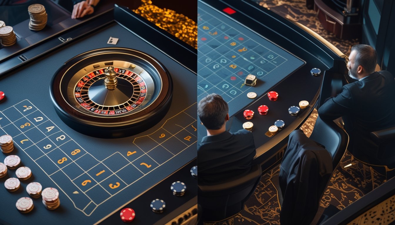 Pemain sedang mengamati roda roulette dan keping taruhan di meja kasino modern.