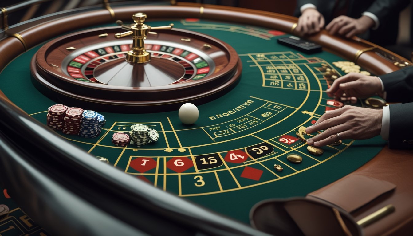 Roda roulette, bola, keping taruhan, dan catatan analisis tersusun di meja kasino.