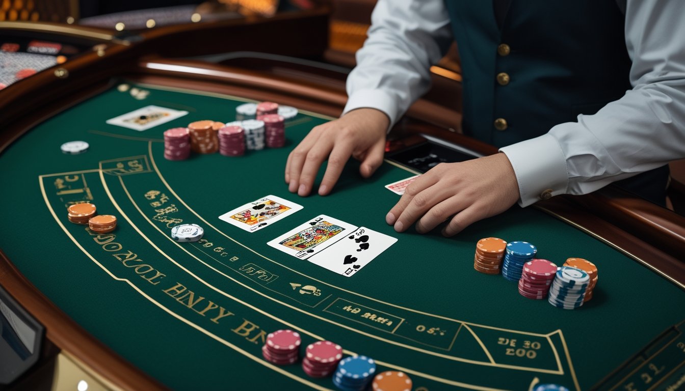 Meja blackjack dengan kartu, keping taruhan, dan tangan dealer di kasino.