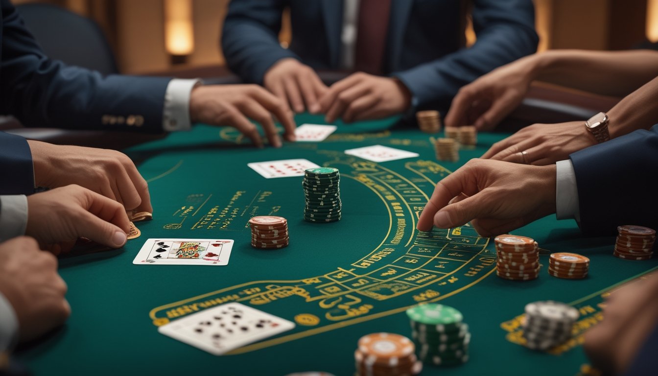 Meja blackjack Eropa dengan kartu, keping taruhan, dan tangan dealer di kasino.