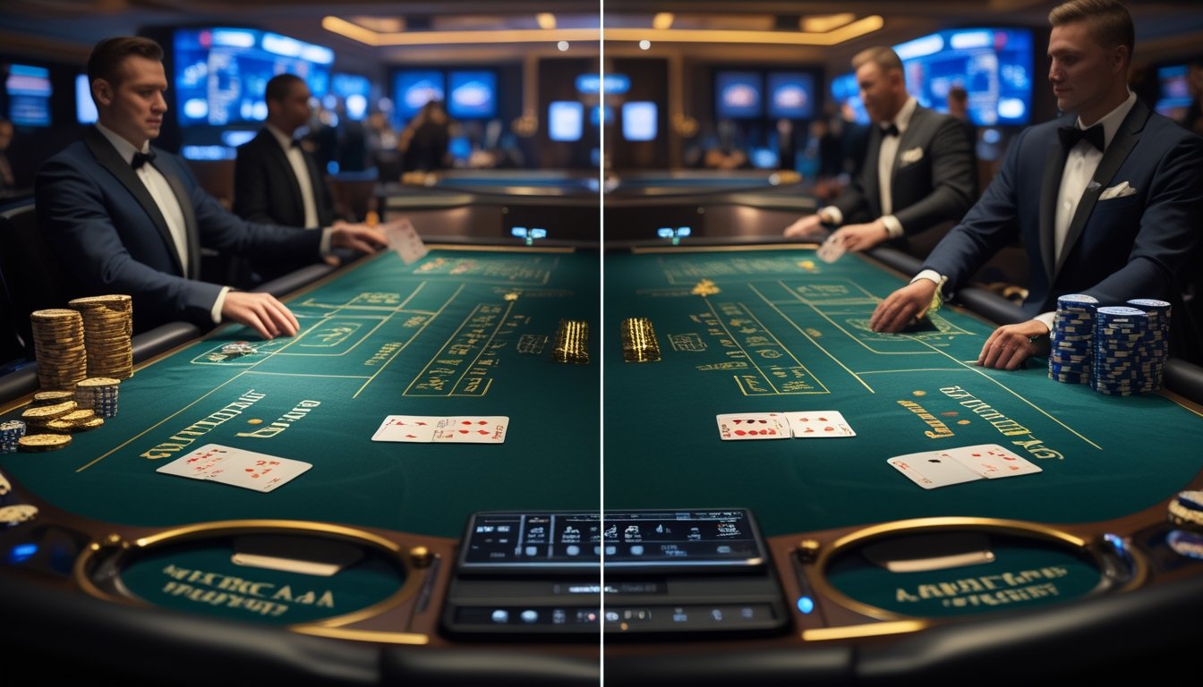 Meja blackjack dengan kartu, keping kasino, dan dua area permainan yang menggambarkan perbedaan cara bermain.