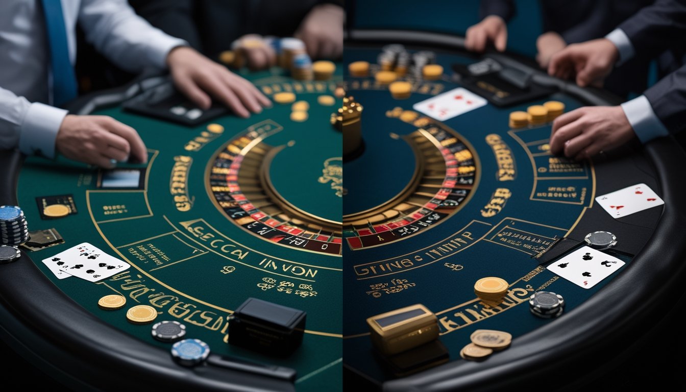 Dua meja blackjack berdampingan dengan susunan kartu dan chip yang menunjukkan perbedaan struktur permainan.