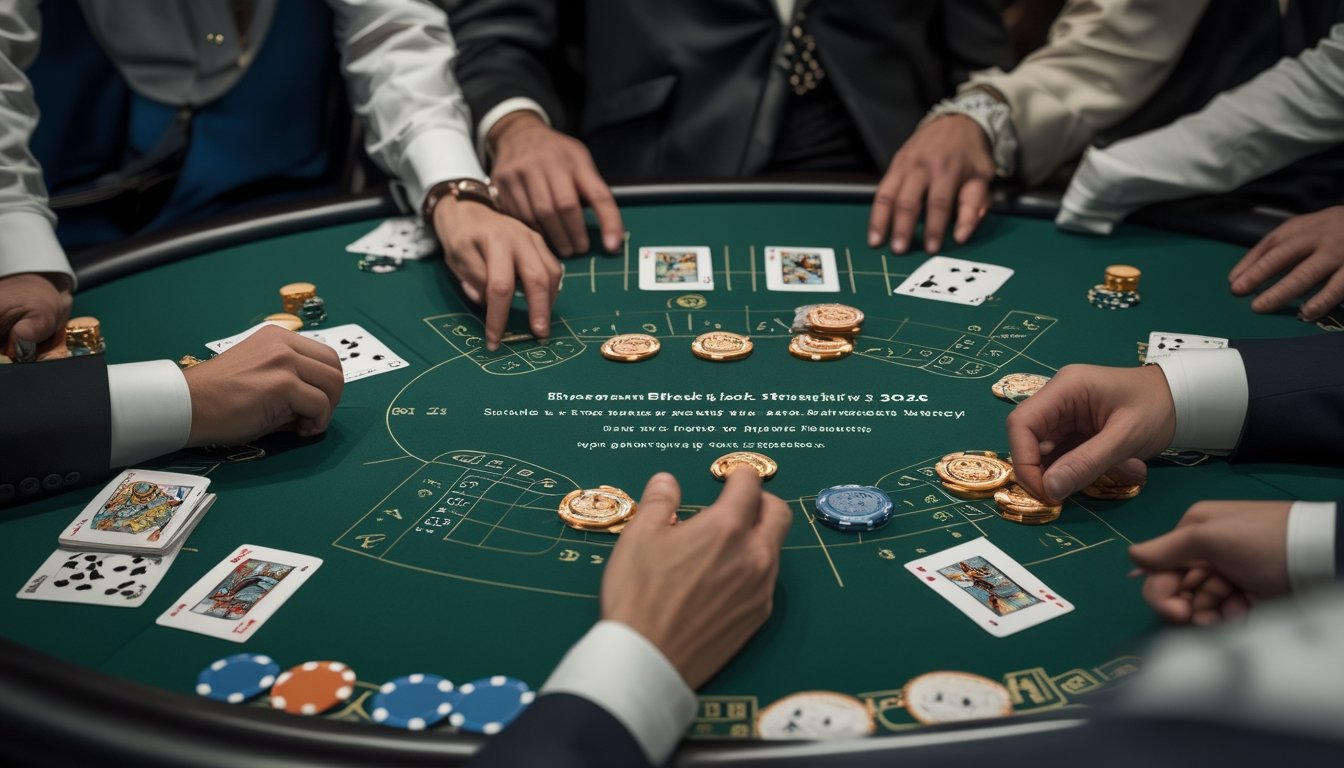 Pemain dewasa mempelajari kartu dan strategi di meja blackjack bersama dealer.