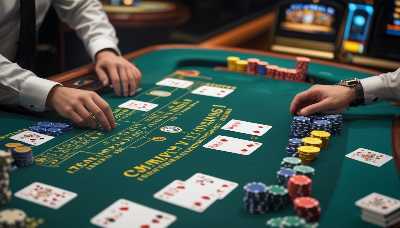 Pemula mempelajari strategi dasar blackjack Eropa di meja kasino dengan kartu dan keping taruhan.