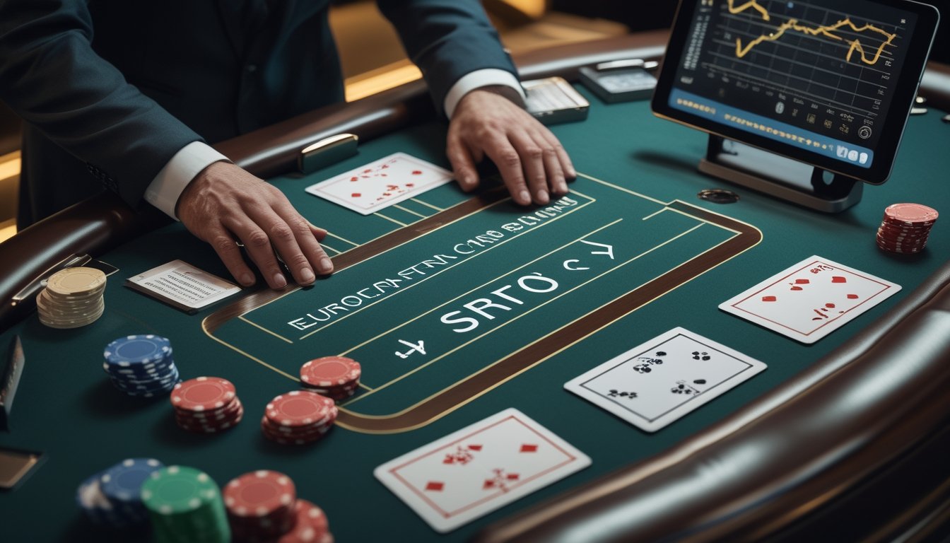 Meja blackjack Eropa dengan kartu, keping kasino, tangan dealer, dan tablet yang menampilkan grafik perbandingan.