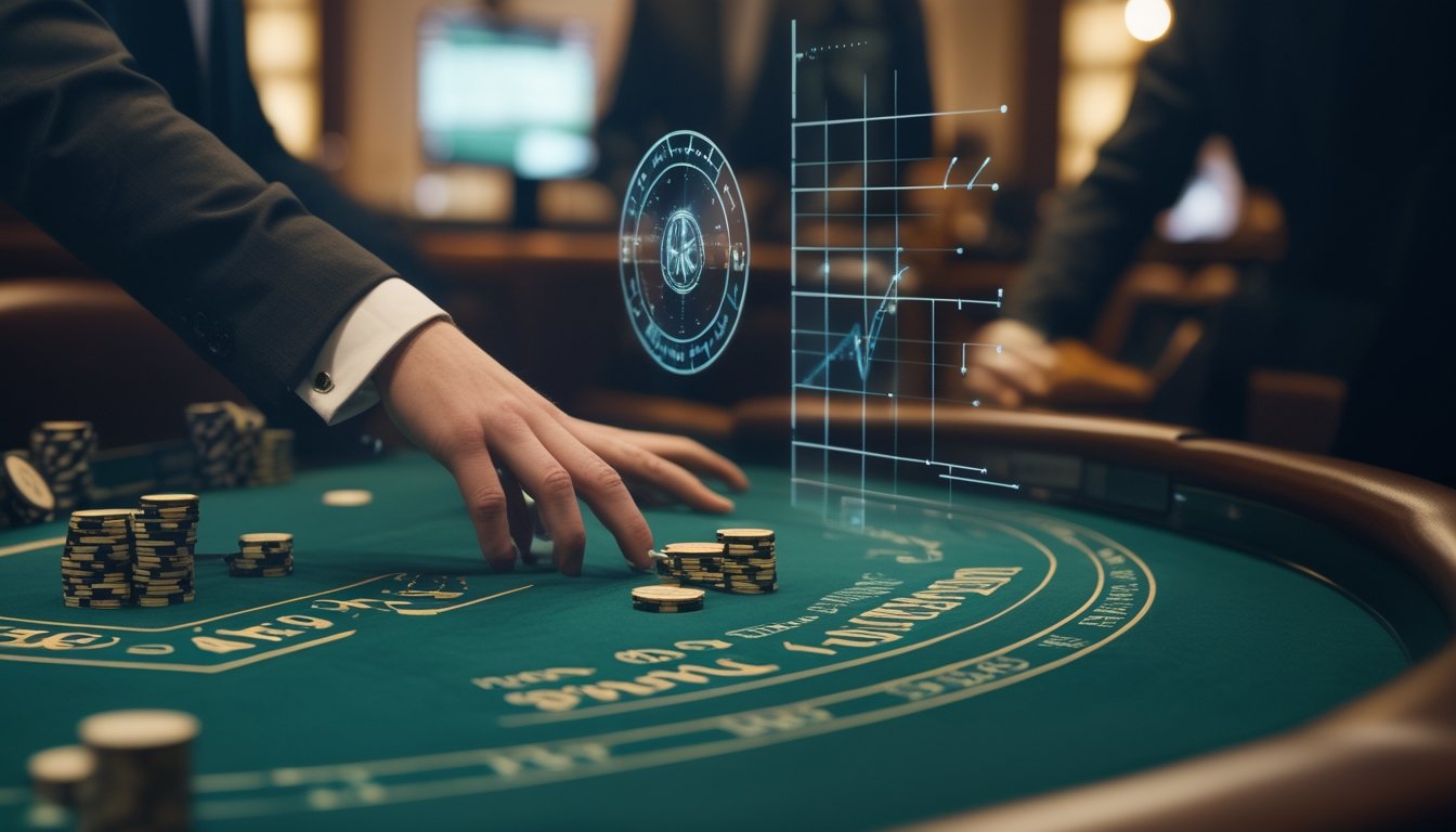 Dealer menata kartu dan chip di meja blackjack dengan grafik transparan yang menggambarkan analisis peluang.