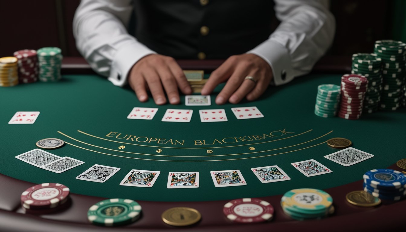 Meja European blackjack dengan kartu dealer yang hanya menampilkan satu kartu dan tumpukan chip kasino.
