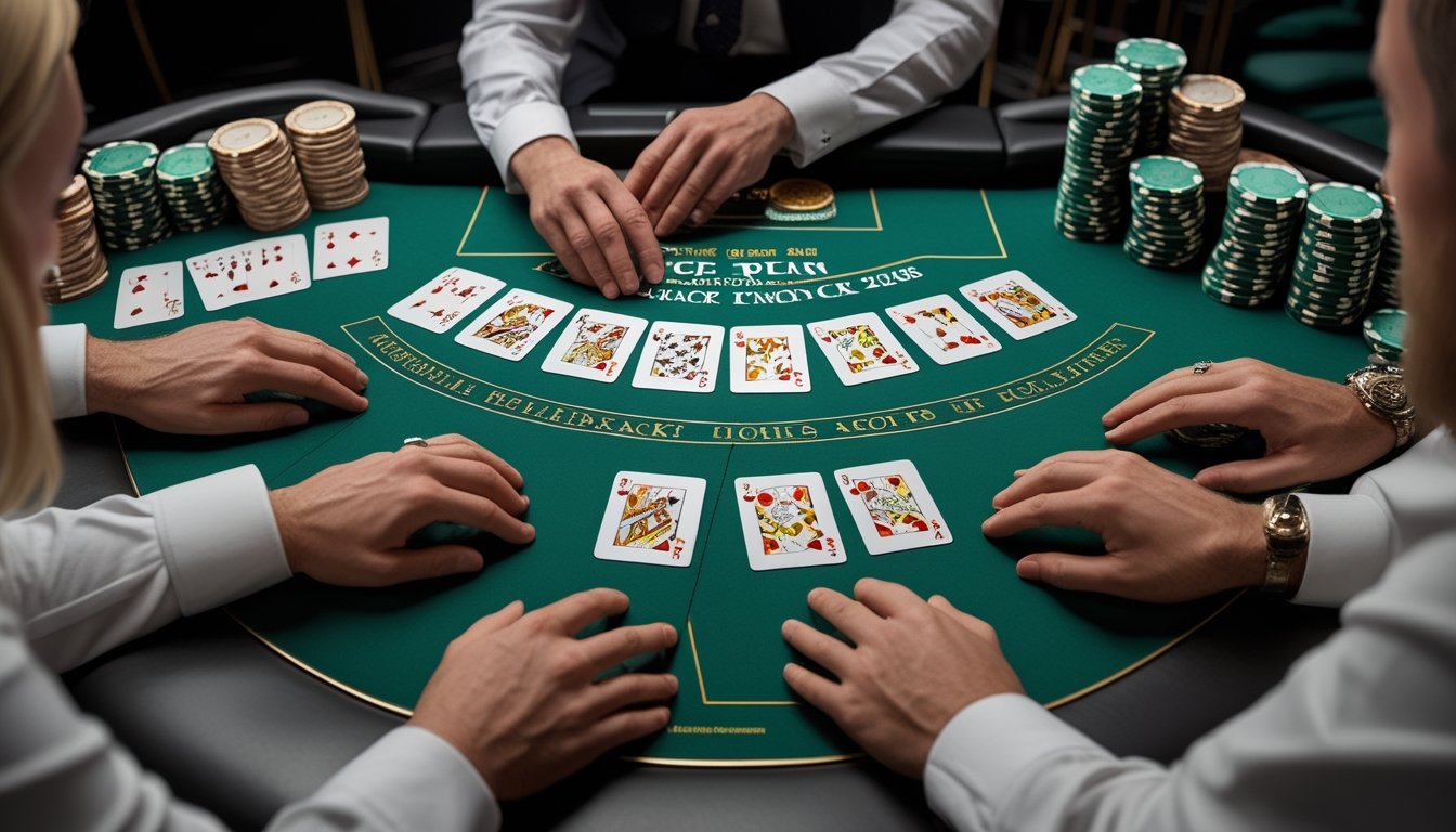 Meja blackjack dengan kartu terbuka, keping kasino, dan tangan dealer yang menata permainan tanpa kartu tersembunyi.