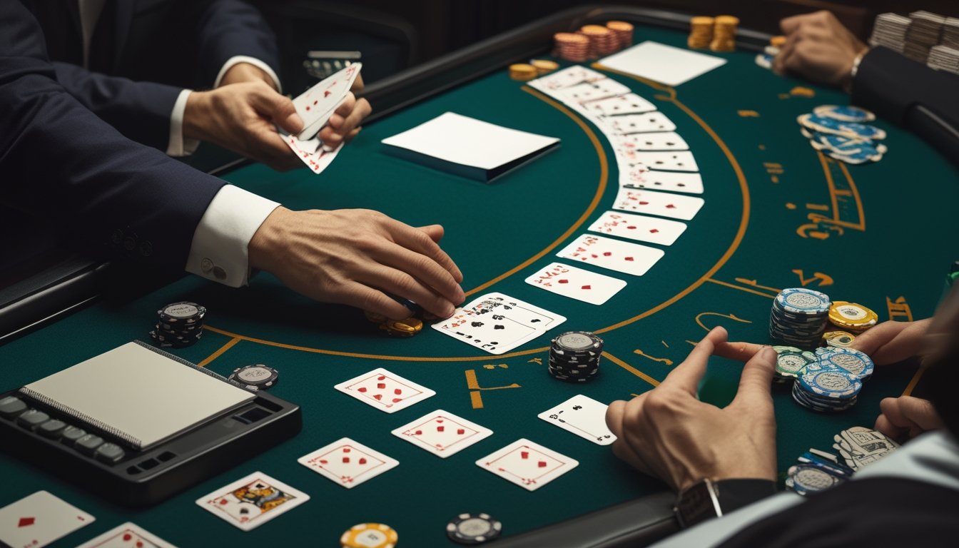 Meja European Blackjack dengan kartu, chip kasino, card shoe, dan tangan yang sedang mengatur kartu.