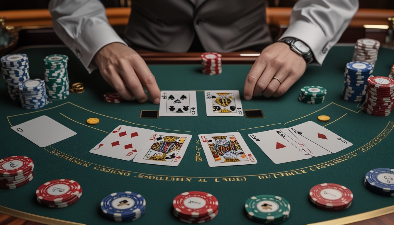 Meja European Blackjack dengan dealer, kartu terbuka, dan keping kasino dalam suasana kasino elegan.
