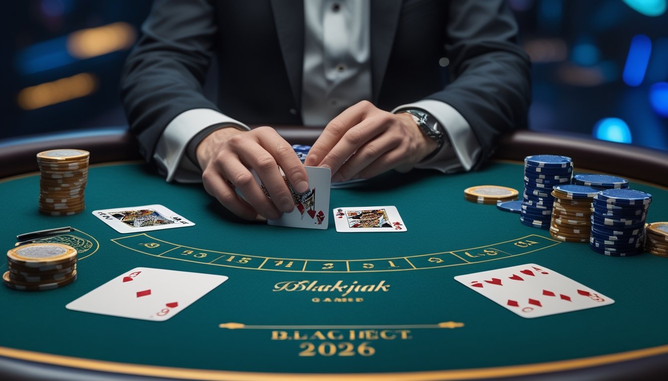 Dealer membagikan kartu di meja blackjack dalam suasana kasino modern.
