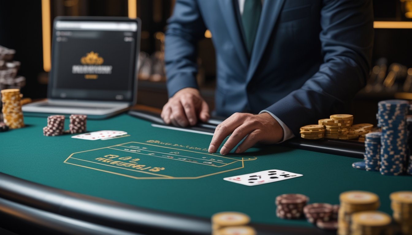Meja European Blackjack dengan kartu, keping kasino, dan dealer di lingkungan kasino modern.
