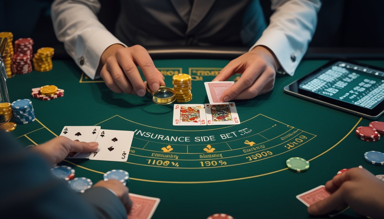 Meja blackjack Eropa dengan kartu, keping kasino, dan simbol timbangan serta kaca pembesar yang menggambarkan pemeriksaan taruhan asuransi.