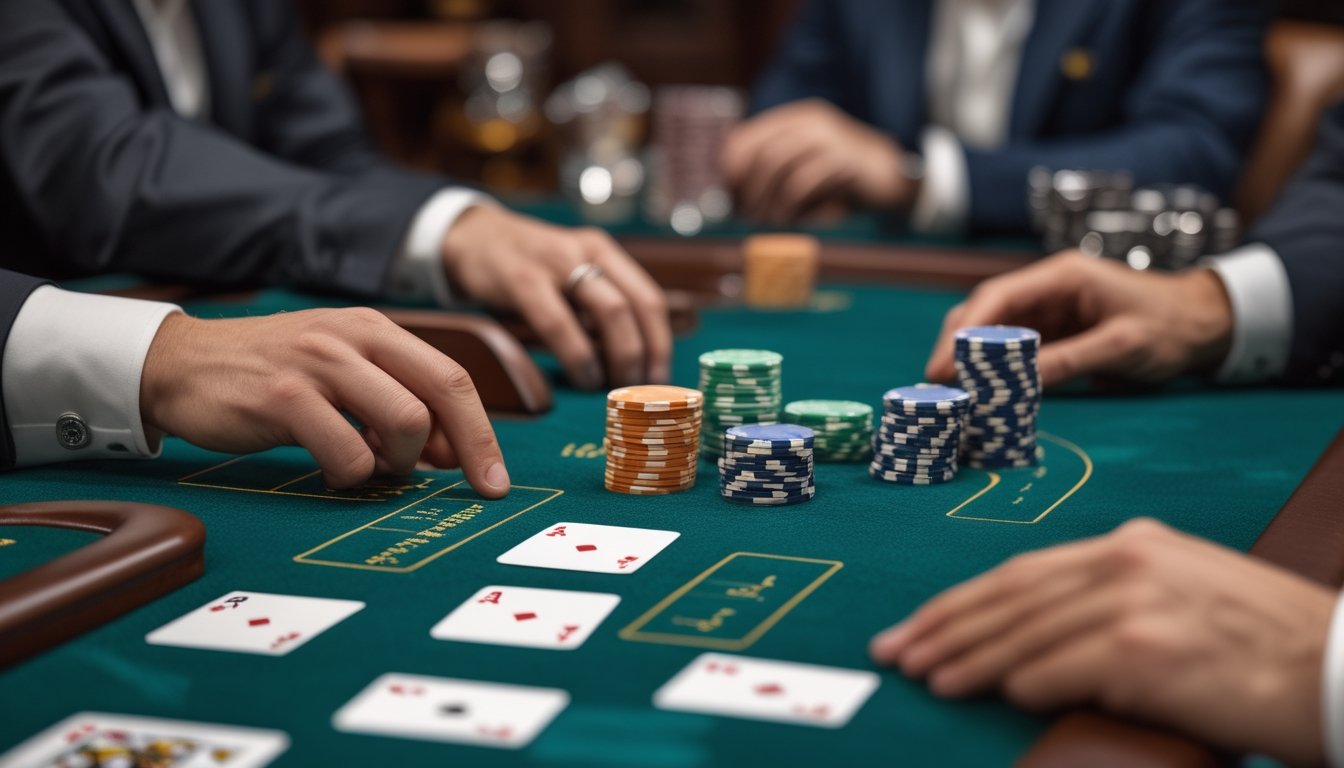 Tangan pemain dan dealer berada di atas meja European Blackjack dengan kartu dan keping kasino.