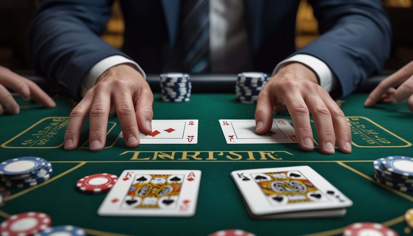 Meja blackjack dengan sepasang kartu yang telah dipisahkan menjadi dua tangan permainan.