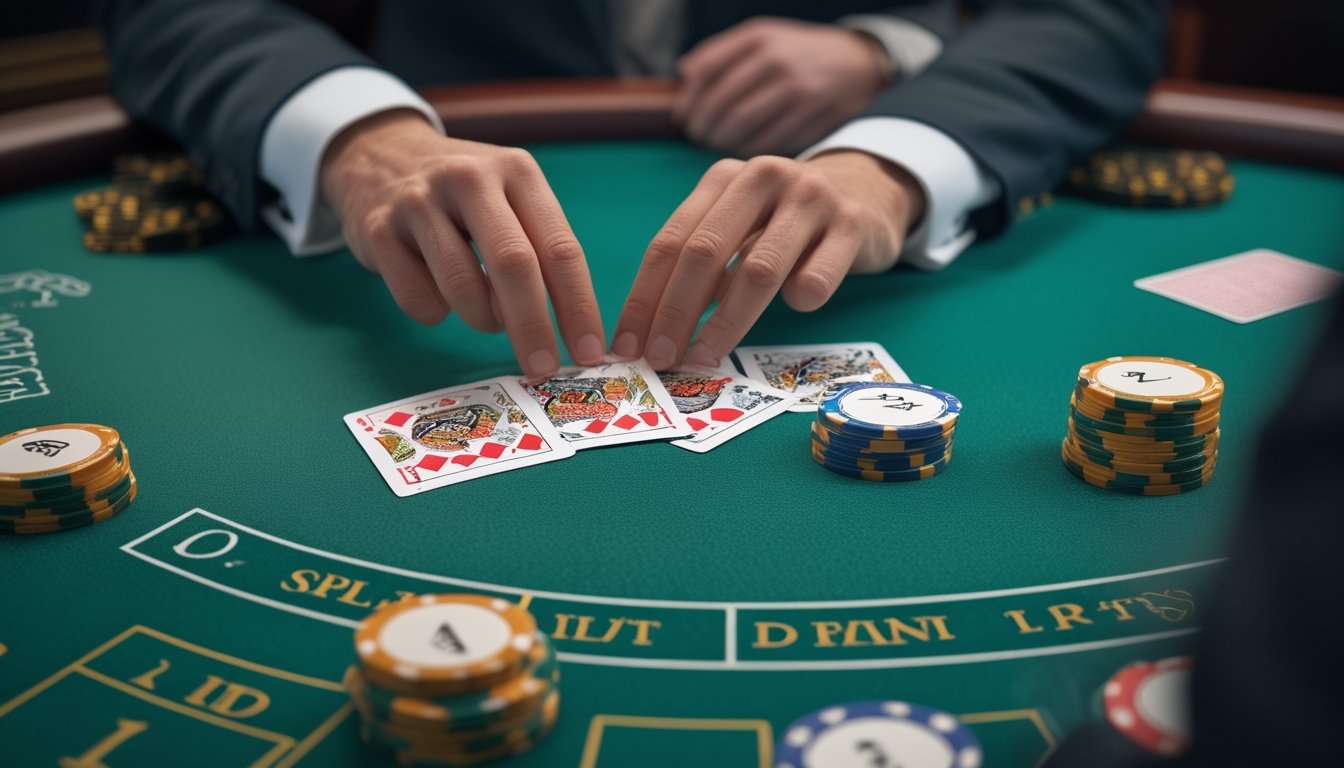 Dealer menata pasangan kartu yang sama menjadi dua tangan terpisah di meja blackjack dengan chip kasino.