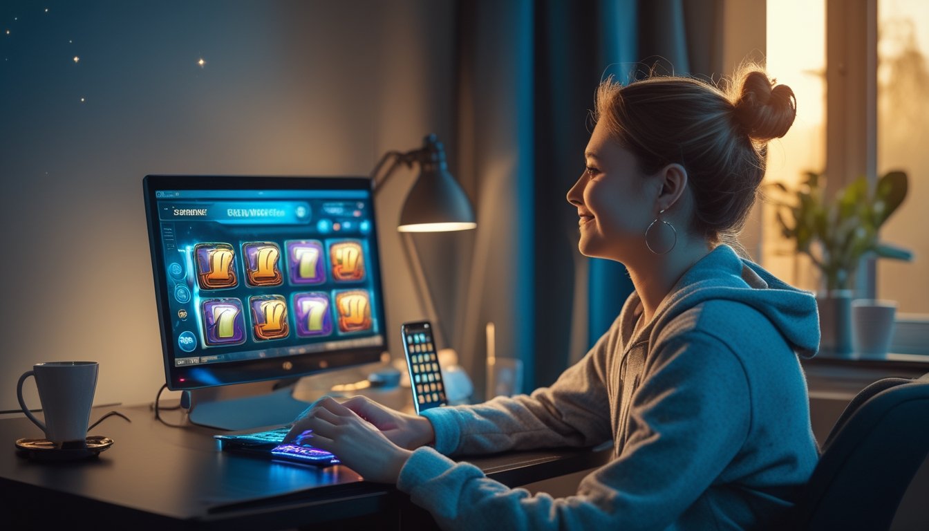 Seorang pemula memainkan permainan bergaya mesin slot di laptop pada meja kerja modern.