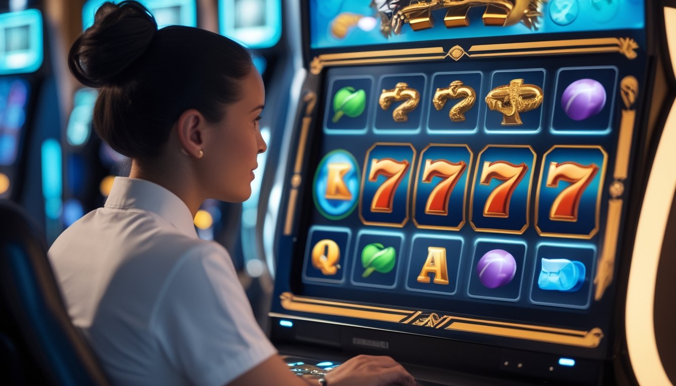 Pemula mempelajari permainan slot digital bergaya 777 pada terminal modern.